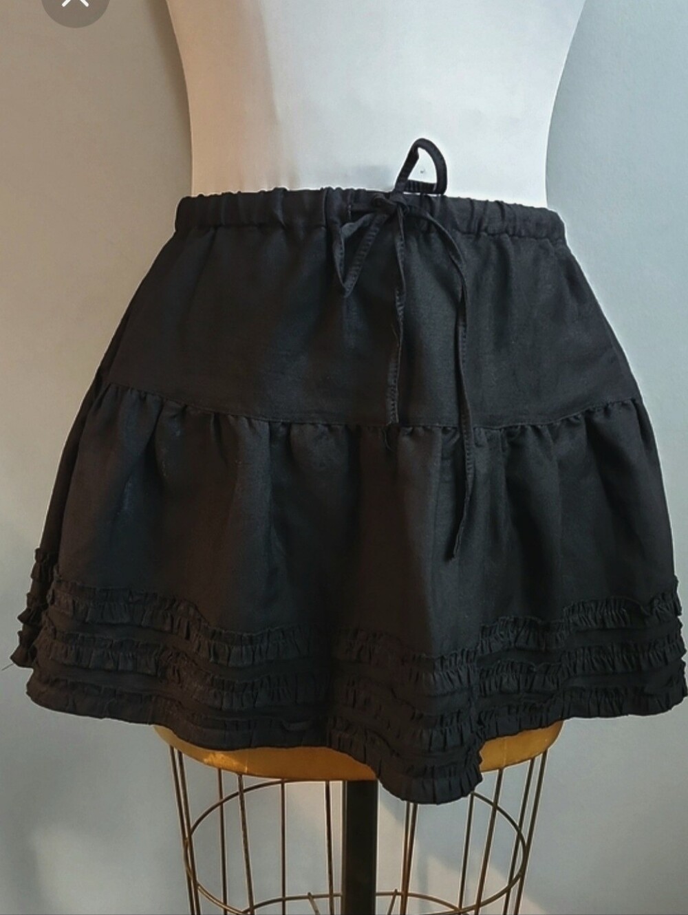 rave Vintage Black Tiered Ruffle Skater Skirt with Drawstring Linen Blend L